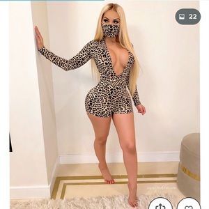 Deep V Long Sleeve Leopard Jumpsuit